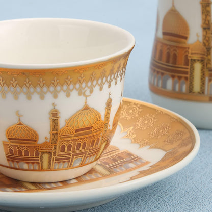 Liying 18pcs Ramadan Design Porcelain Arabic Tea cups(6) and Cawa cups(6) Set with saucer Dishwasher safe and good for Gatherings, Wedding, Parties