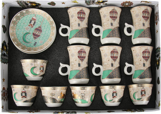 Ramadan design Porcelain Arabic 6 Tea cups And 6 Cawa cups Set of 18pcs，Dishwasher safe and good for wedding ，birthday parties etc.White and green color