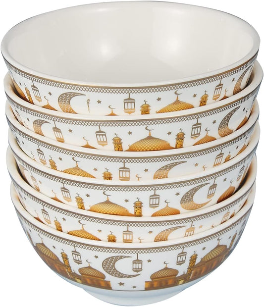 Liying Ramadan Design Set of 6 Ceramic Soup Bowls, Cereals, Rice, Pasta, Salad Oatmeal, Thick-edge Non-slip Design with ramadan designs, gold and white color H-7, W-15, L-15 (8cm)