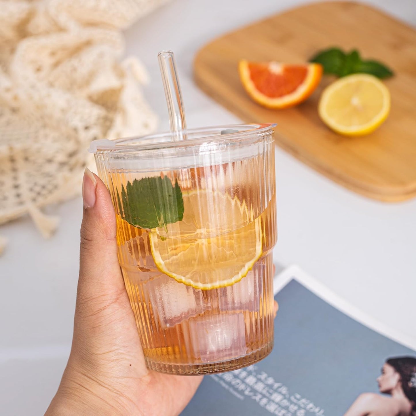Liying 350ml Glass Coffee Tumbler with Straw and Lid Sealed Carry on, Glass Iced Coffee Cup, Leak-Proof Glass Tumbler Cup, Reusable Smoothie Mugs for Cold & Hot Drinks, Coffee, Tea, Shake (clear)