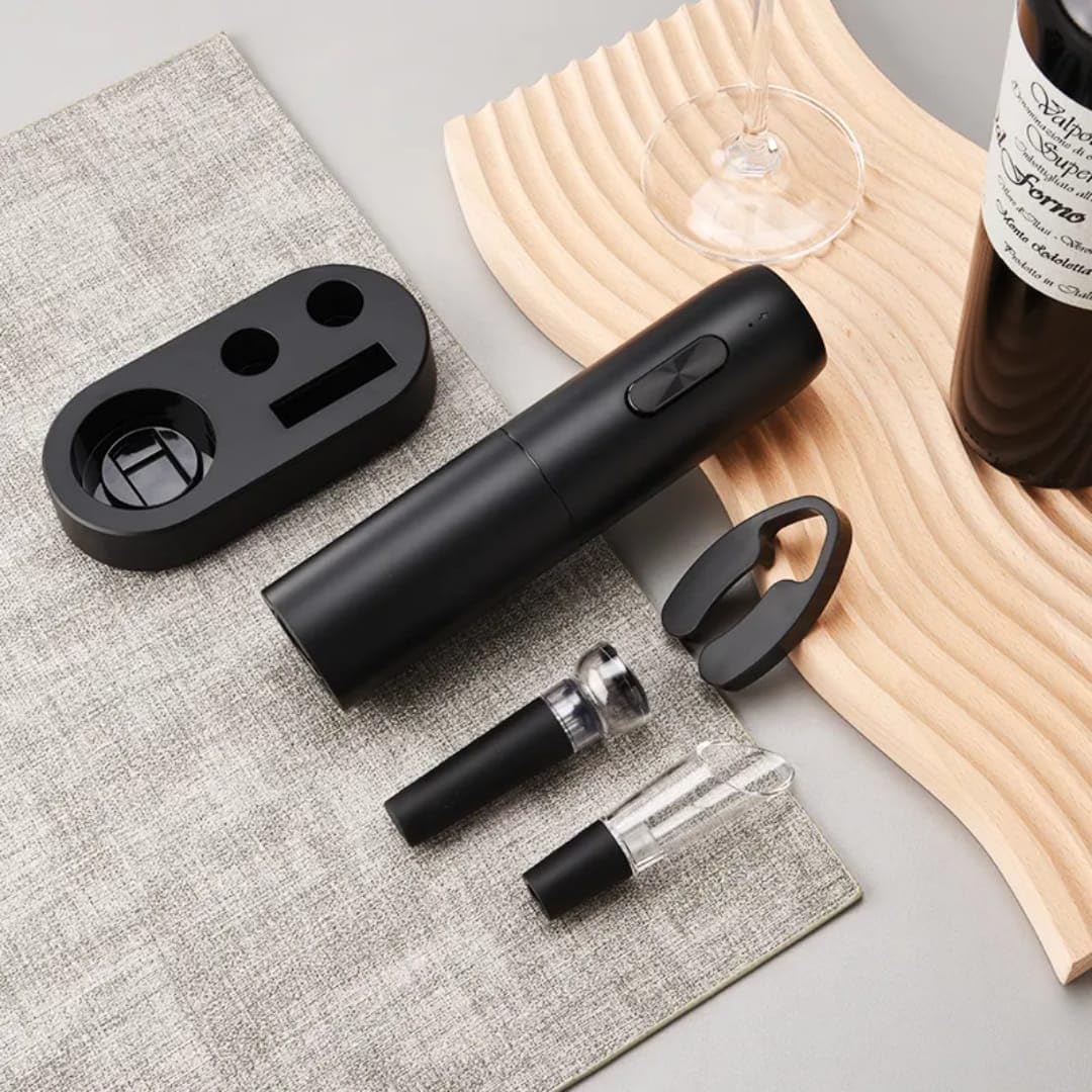 Liying Electric Wine Opener Set, Rechargeable Electric Corkscrew Wine Opener With Charging Base, Foil Cutter, Wine Aerator And Vacuum Stopper, Gifts For Wine Lovers, Black