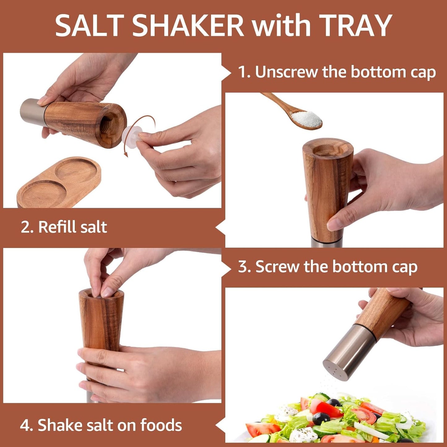 Salt Shaker and Pepper Grinder with Tray, Acacia Wood Salt and Pepper Grinder Set with High Strength Ceramic Grinding Core, Refillable Salt Shaker & Pepper Mill Adjustable for Customized Coarseness