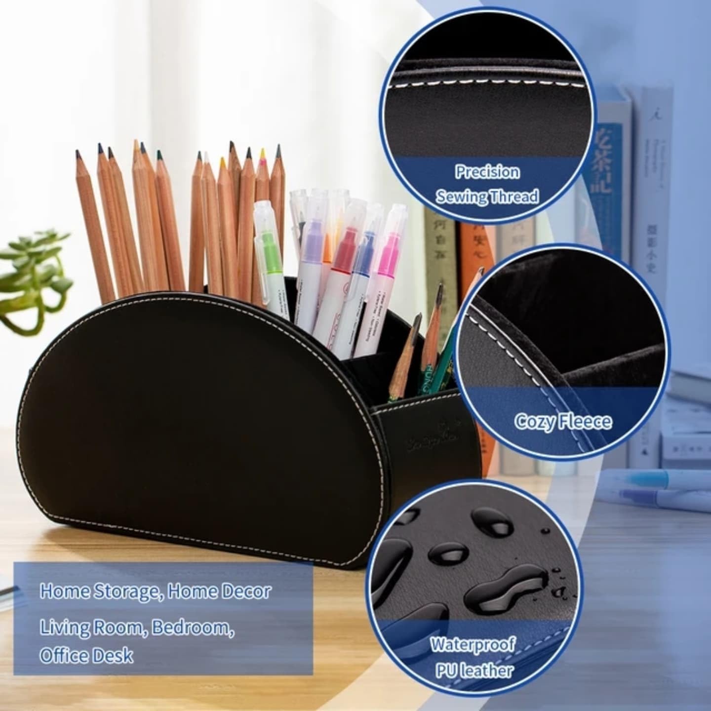 Remote Control Holder, 5 Compartments, PU Leather, Desktop Organiser, Black