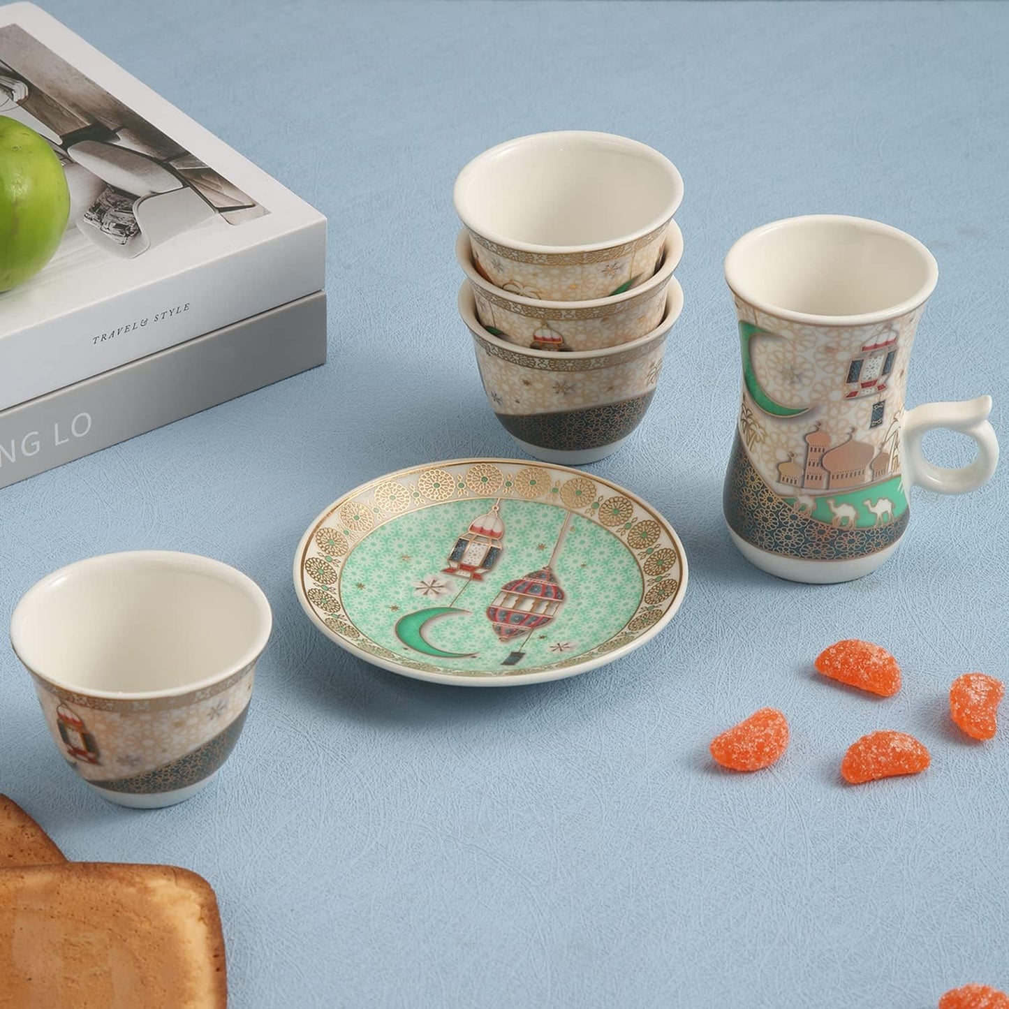 Ramadan design Porcelain Arabic 6 Tea cups And 6 Cawa cups Set of 18pcs，Dishwasher safe and good for wedding ，birthday parties etc.White and green color