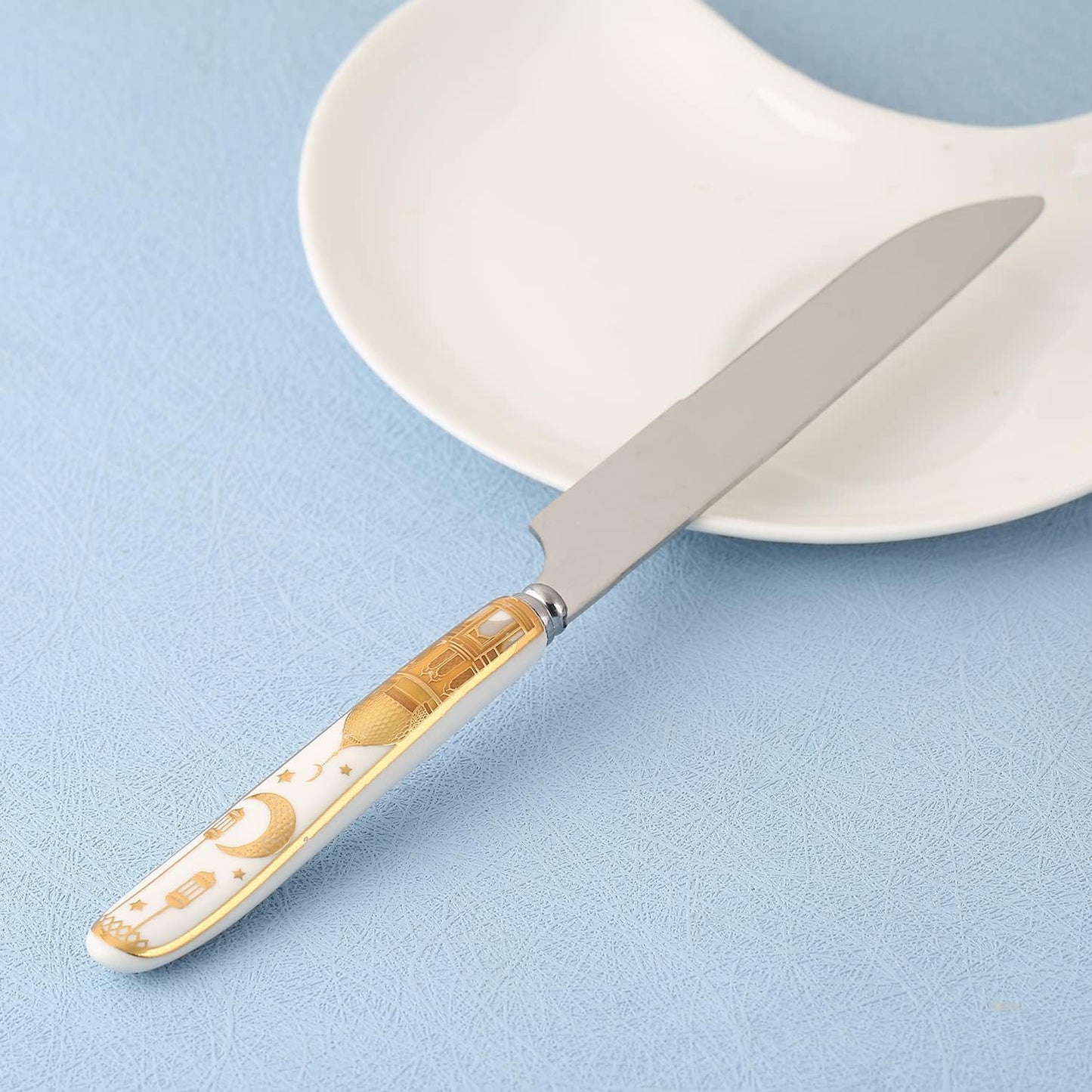 Liying Ramadan Design Heavy Duty Ceramic Handle Dinner Knives Set of 6 Stainless Steel Butter, Spreader Cheese Knife, Table Knifes, Steak Knives, Fruit Knife -Gold And White Color