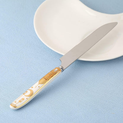 Liying Ramadan Design Heavy Duty Ceramic Handle Dinner Knives Set of 6 Stainless Steel Butter, Spreader Cheese Knife, Table Knifes, Steak Knives, Fruit Knife -Gold And White Color