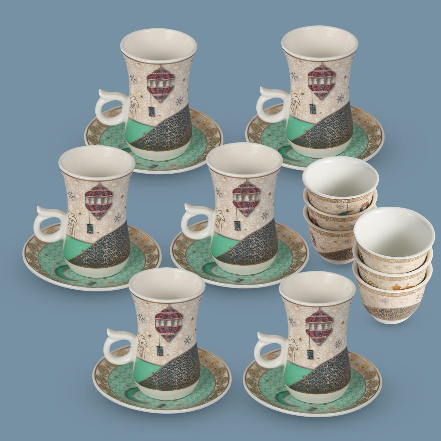 Ramadan design Porcelain Arabic 6 Tea cups And 6 Cawa cups Set of 18pcs，Dishwasher safe and good for wedding ，birthday parties etc.White and green color