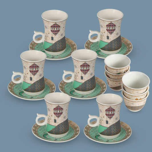 Ramadan design Porcelain Arabic 6 Tea cups And 6 Cawa cups Set of 18pcs，Dishwasher safe and good for wedding ，birthday parties etc.White and green color