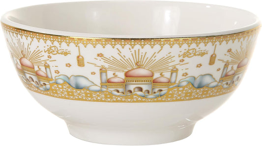 Liying Ramadan Design Set of 6 Ceramic Soup Bowls, Cereals, Rice, Pasta, Salad Oatmeal, Thick-edge Non-slip Design with ramadan designs, gold and white color H-7cm, W-11cm, L-11cm (Small) | Yellow