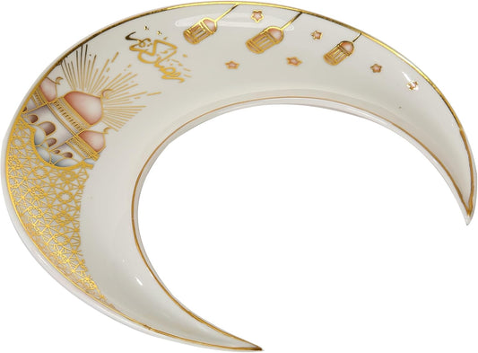 Liying Crescent Moon Iftar Food Serving Tray 24CM (B), Ramadan ceramic Platters Table Decor for Breakfast Dinner Dessert Pastry Display Holder Decoration