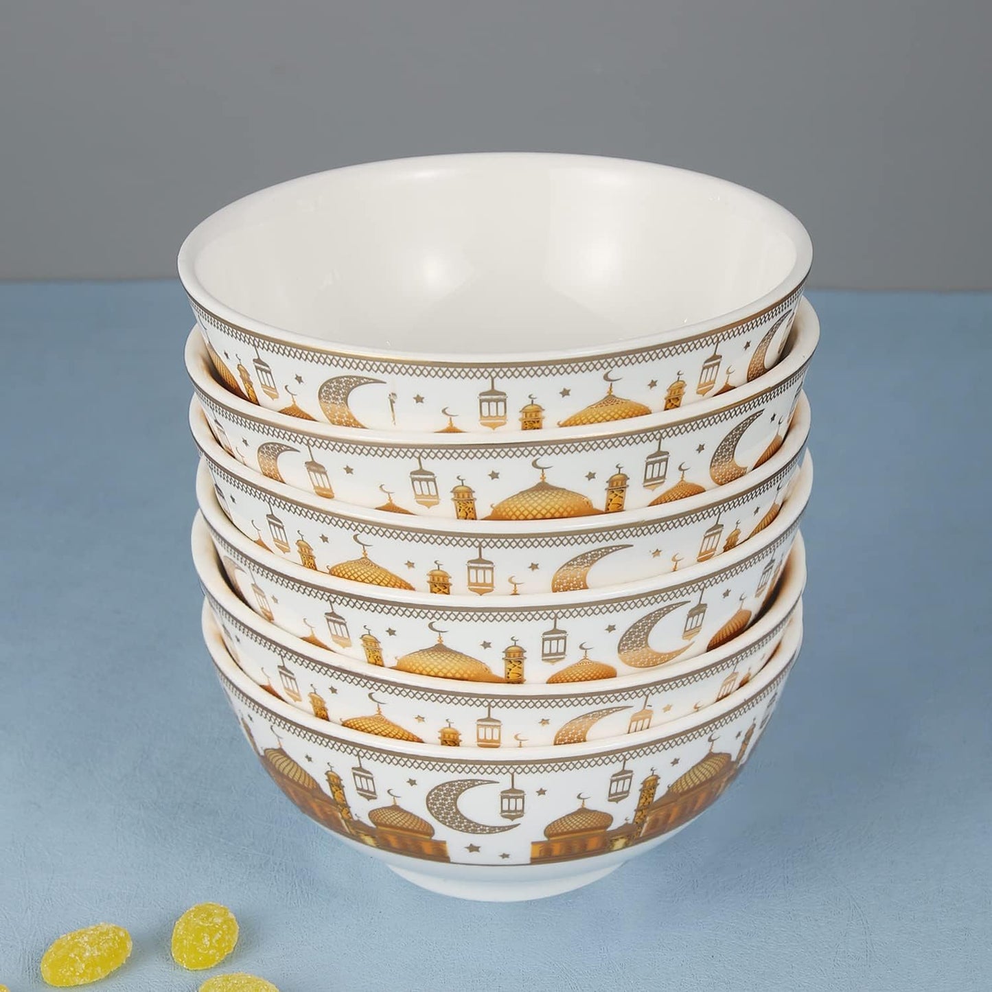 Liying Ramadan Design Set of 6 Ceramic Soup Bowls, Cereals, Rice, Pasta, Salad Oatmeal, Thick-edge Non-slip Design with ramadan designs, gold and white color H-7cm, W-11cm, L-11cm (Small) | Yellow