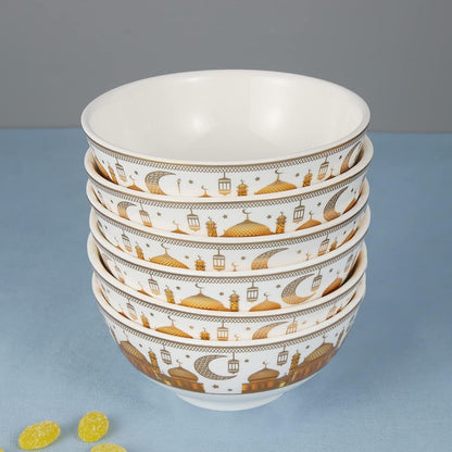 Liying Ramadan Design Set of 6 Ceramic Soup Bowls, Cereals, Rice, Pasta, Salad Oatmeal, Thick-edge Non-slip Design with ramadan designs, gold and white color H-7cm, W-11cm, L-11cm (Small) | Yellow