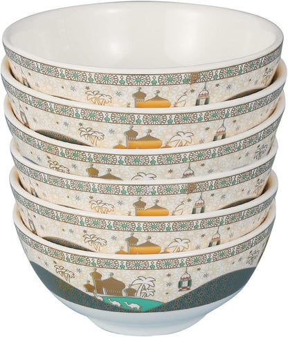 Ramadan design Porcelain Bowls Set of 6 Bowls for soup， Cereal, Salad, Fruit, Snacks, Ramen, Noodle, Dessert - White and green(L8*-W-15*H-6.5CM)