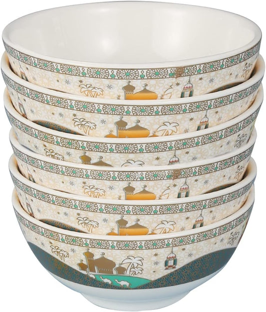 Ramadan design Porcelain Bowls Set of 6 Bowls for soup， Cereal, Salad, Fruit, Snacks, Ramen, Noodle, Dessert - White and green(L8*-W-15*H-6.5CM)
