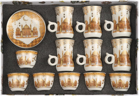 Liying 18pcs Ramadan Design Porcelain Arabic Tea cups(6) and Cawa cups(6) Set with saucer Dishwasher safe and good for Gatherings, Wedding, Parties