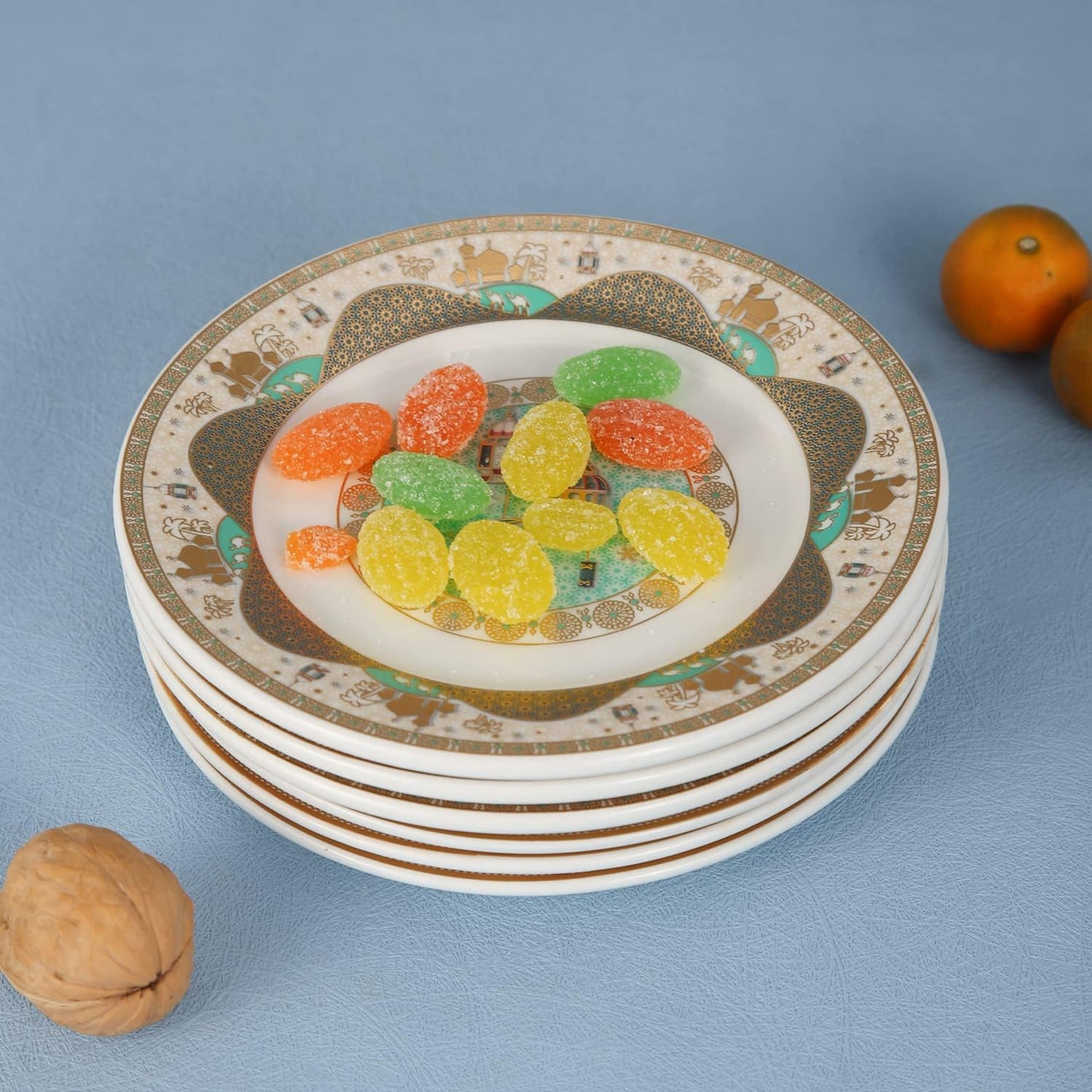 Porcelain Plates with Ramadan Design, Ceramic Round Serving Plate for Sweets and Cakes (Set of 6)(S)-green and White color (L-15*W-15CM)