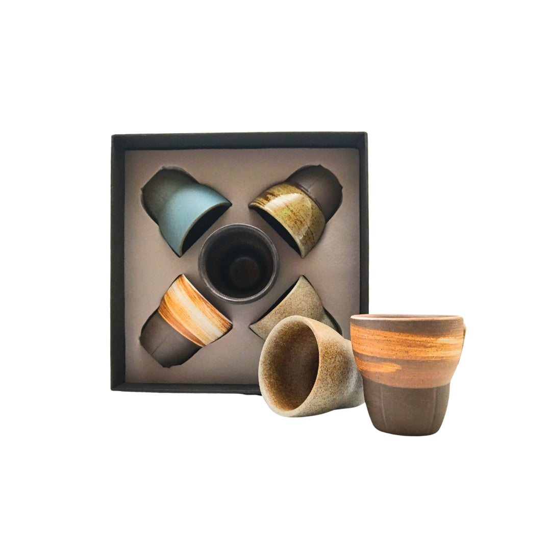 Liying Ceramic Coffee Cup Set 100ml 5 Pieces Handmade Art Design Shiny Brown with Gift Box Cups