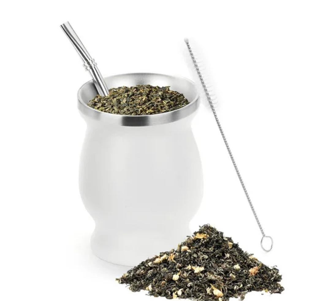 Liying Stainless Steel Double Wall Mate Cup And Bombilla Set Yerba Mate set Includes One Yerba Mate Cup 2 Bombillas Mate Straw  Brush White Cups