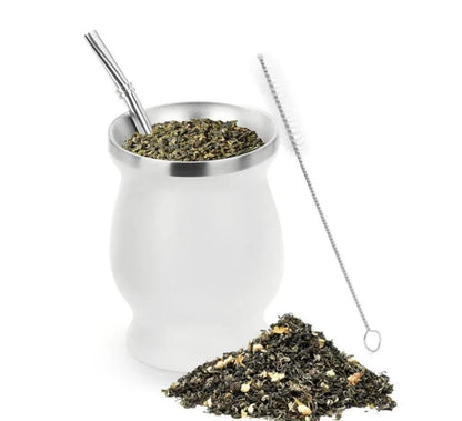 Liying Stainless Steel Double Wall Mate Cup And Bombilla Set Yerba Mate set Includes One Yerba Mate Cup 2 Bombillas Mate Straw  Brush White Cups