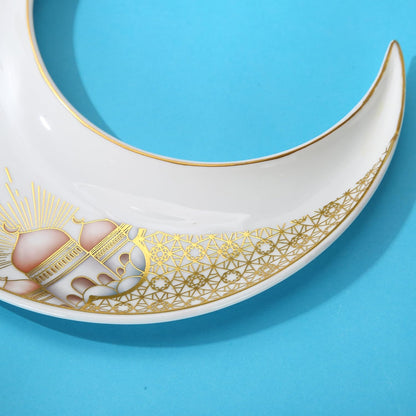 Liying Crescent Moon Iftar Food Serving Tray 24CM (B), Ramadan ceramic Platters Table Decor for Breakfast Dinner Dessert Pastry Display Holder Decoration