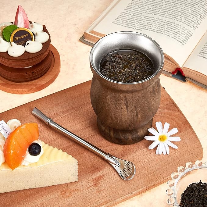 Liying Stainless Steel Double Wall Mate Cup And Bombilla Set Yerba Mate set Includes One Yerba Mate Cup 2 Bombillas Mate Straw & Brush Brown Cups