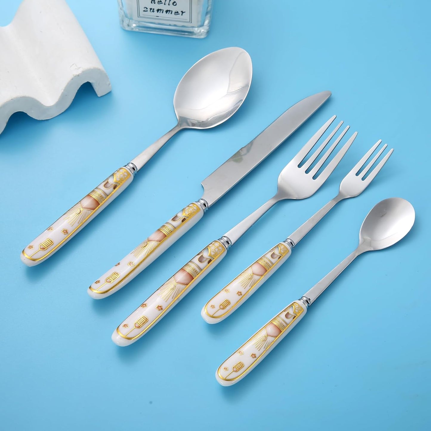 Liying Ramadan Design 30-Piece Silverware Set Ceramic Handle, Flatware Utensil Cutlery Set for 6 each size, Stainless Steel Tableware Includes Knife, Spoons Big and small and Forks Small and big Set