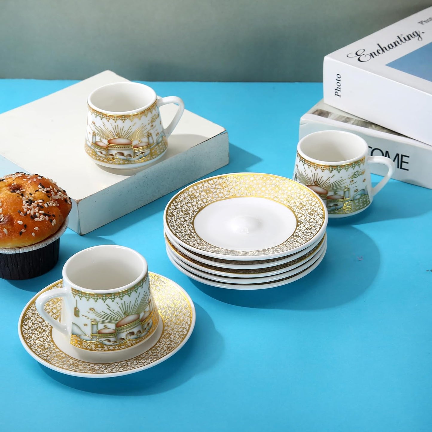 Liying 12pcs Ramadan Design Porcelain Turkish Coffee cups(6) and Saucer(6) Set with saucer Dishwasher safe and good for Gatherings, Wedding, Parties