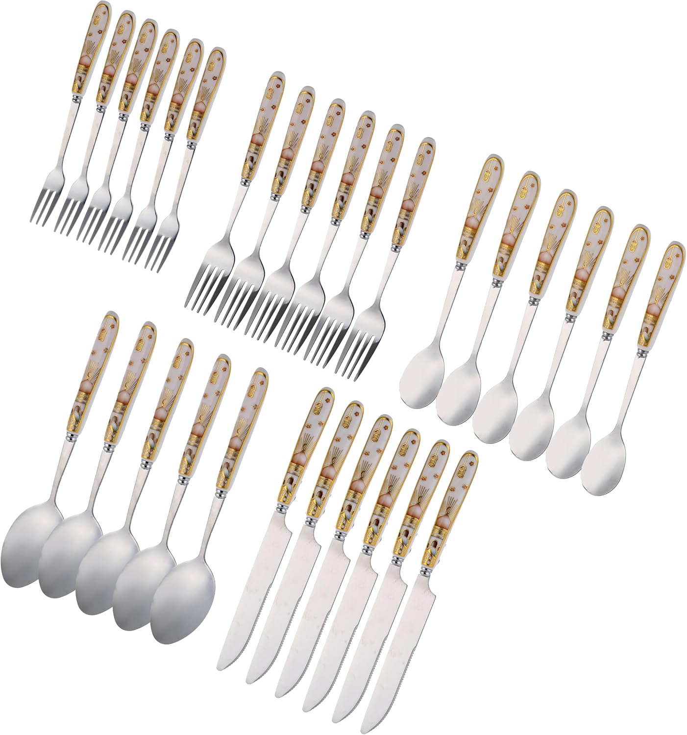 Liying Ramadan Design 30-Piece Silverware Set Ceramic Handle, Flatware Utensil Cutlery Set for 6 each size, Stainless Steel Tableware Includes Knife, Spoons Big and small and Forks Small and big Set