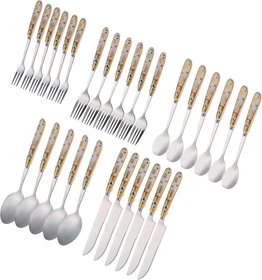 Liying Ramadan Design 30-Piece Silverware Set Ceramic Handle, Flatware Utensil Cutlery Set for 6 each size, Stainless Steel Tableware Includes Knife, Spoons Big and small and Forks Small and big Set
