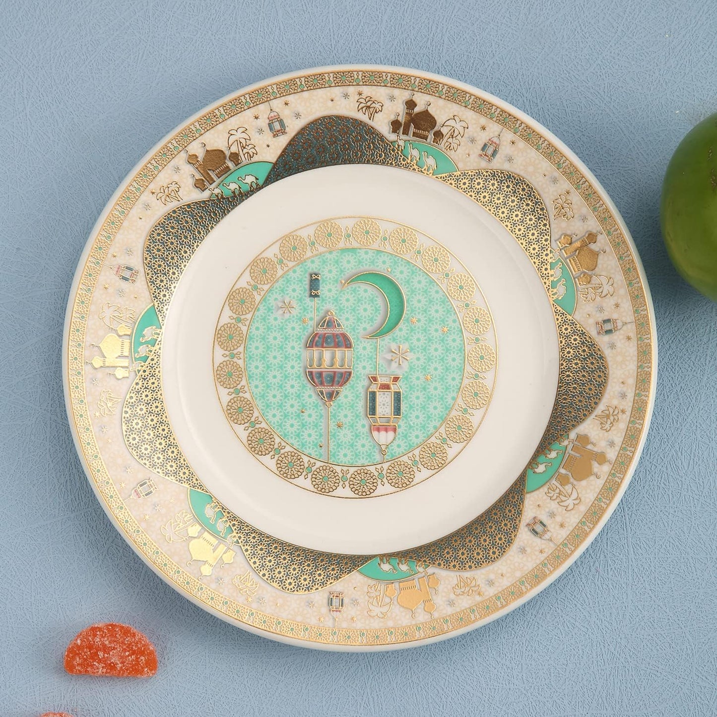 Porcelain Plates with Ramadan Design, Ceramic Round Serving Plate for Sweets and Cakes (Set of 6)(S)-green and White color (L-15*W-15CM)