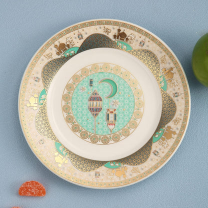 Porcelain Plates with Ramadan Design, Ceramic Round Serving Plate for Sweets and Cakes (Set of 6)(S)-green and White color (L-15*W-15CM)