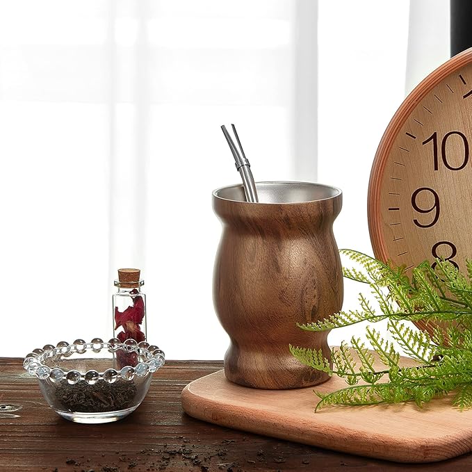 Liying Stainless Steel Double Wall Mate Cup And Bombilla Set Yerba Mate set Includes One Yerba Mate Cup 2 Bombillas Mate Straw & Brush Brown Cups