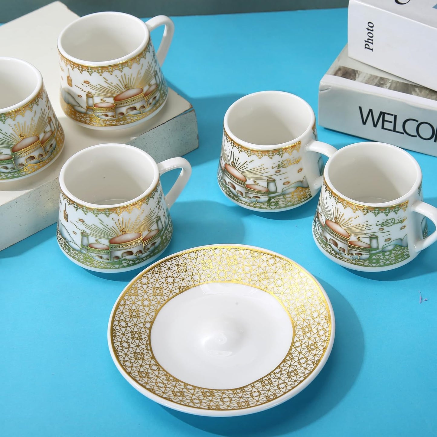 Liying 12pcs Ramadan Design Porcelain Turkish Coffee cups(6) and Saucer(6) Set with saucer Dishwasher safe and good for Gatherings, Wedding, Parties