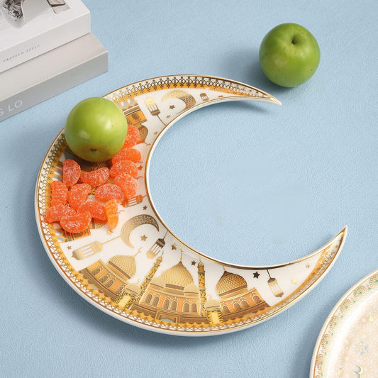 Ramadan Design Half Moon Elegant Decoration，Candy，Nuts Pastry ， Snacks Home Plates -gold and white color (B)(L-23*W-9*H-23CM)