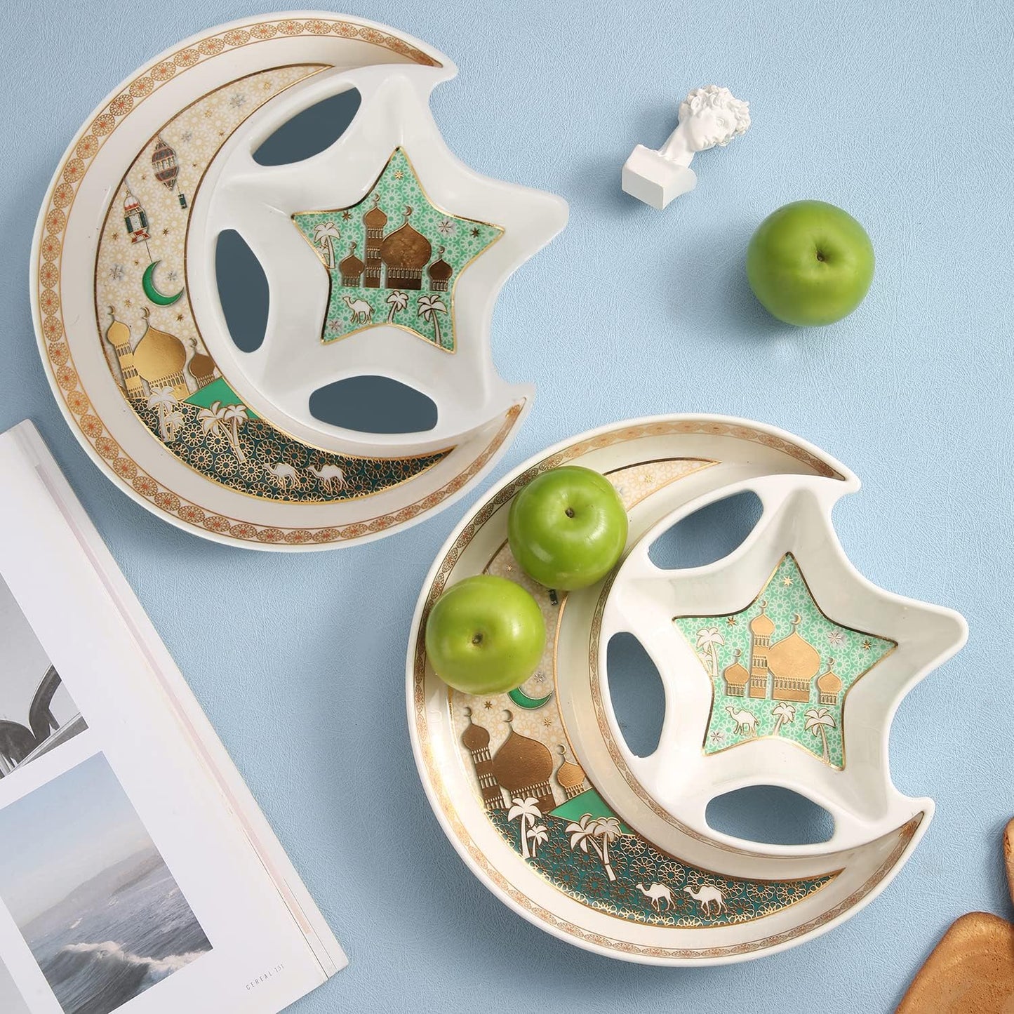 Ceramic Star Moon Shaped Serving Holder Plate ， Dish Ramadan Kareem Decoration Tray Eid Mubarak Dessert Tray-White and Green Color(B) (L-27*W-26.5*H-4CM)