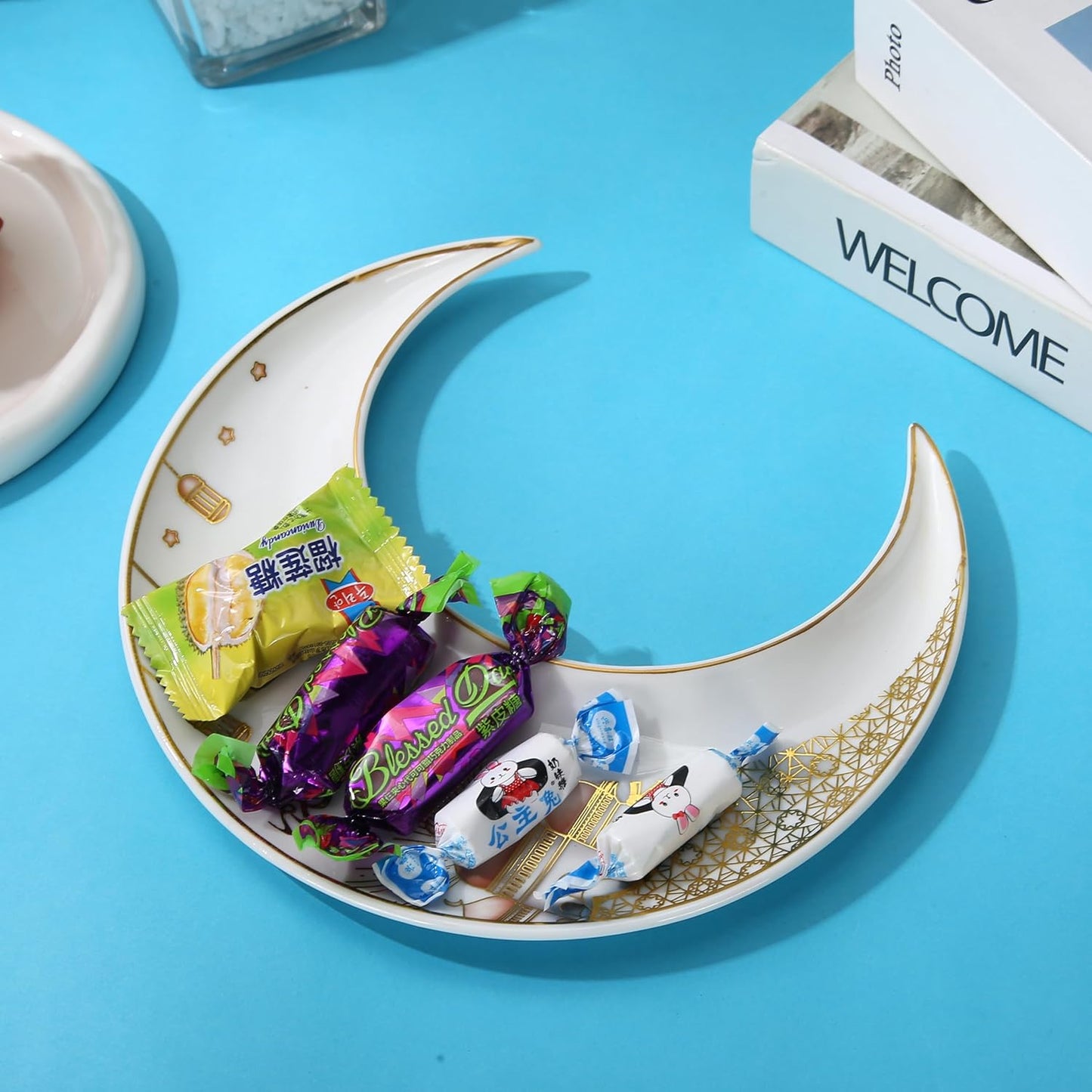Liying Crescent Moon Iftar Food Serving Tray 24CM (B), Ramadan ceramic Platters Table Decor for Breakfast Dinner Dessert Pastry Display Holder Decoration