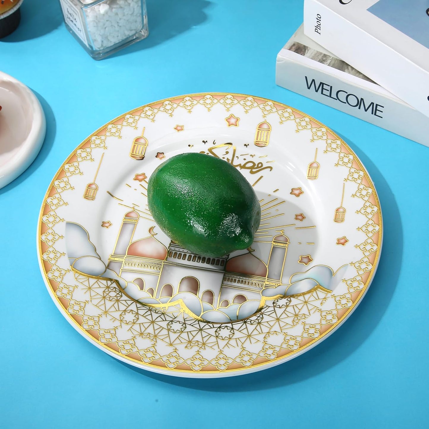 Liying 6Pcs Ramadan Dessert Plate Set 21 * 21CM (S) for Ceramic Serving Display Decoration, Ramadan Decorations for Table, Dessert Tray, Ramadan Serving Plate, Display Holder Decor Ornament Plate