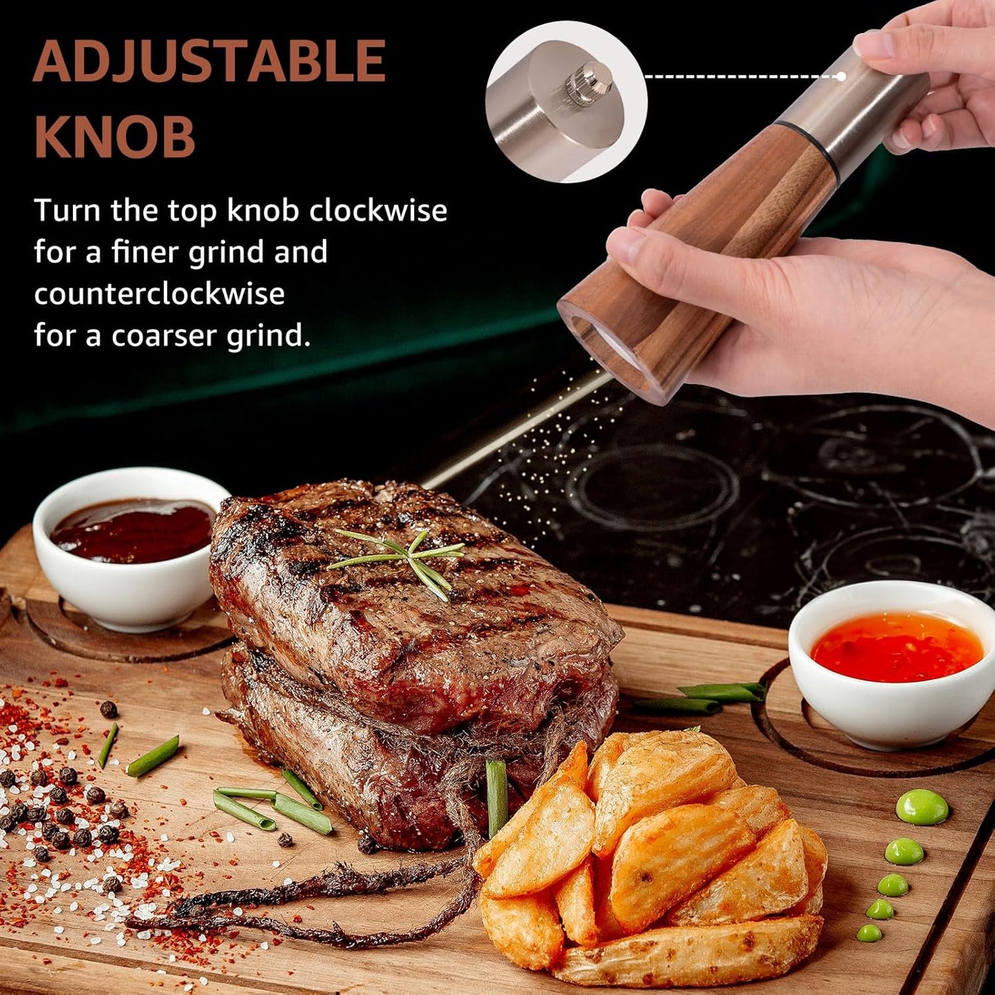 Salt Shaker and Pepper Grinder with Tray, Acacia Wood Salt and Pepper Grinder Set with High Strength Ceramic Grinding Core, Refillable Salt Shaker & Pepper Mill Adjustable for Customized Coarseness