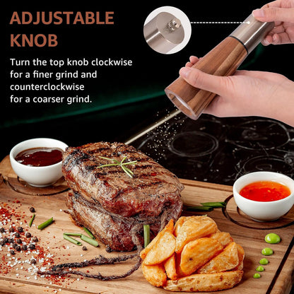Salt Shaker and Pepper Grinder with Tray, Acacia Wood Salt and Pepper Grinder Set with High Strength Ceramic Grinding Core, Refillable Salt Shaker & Pepper Mill Adjustable for Customized Coarseness