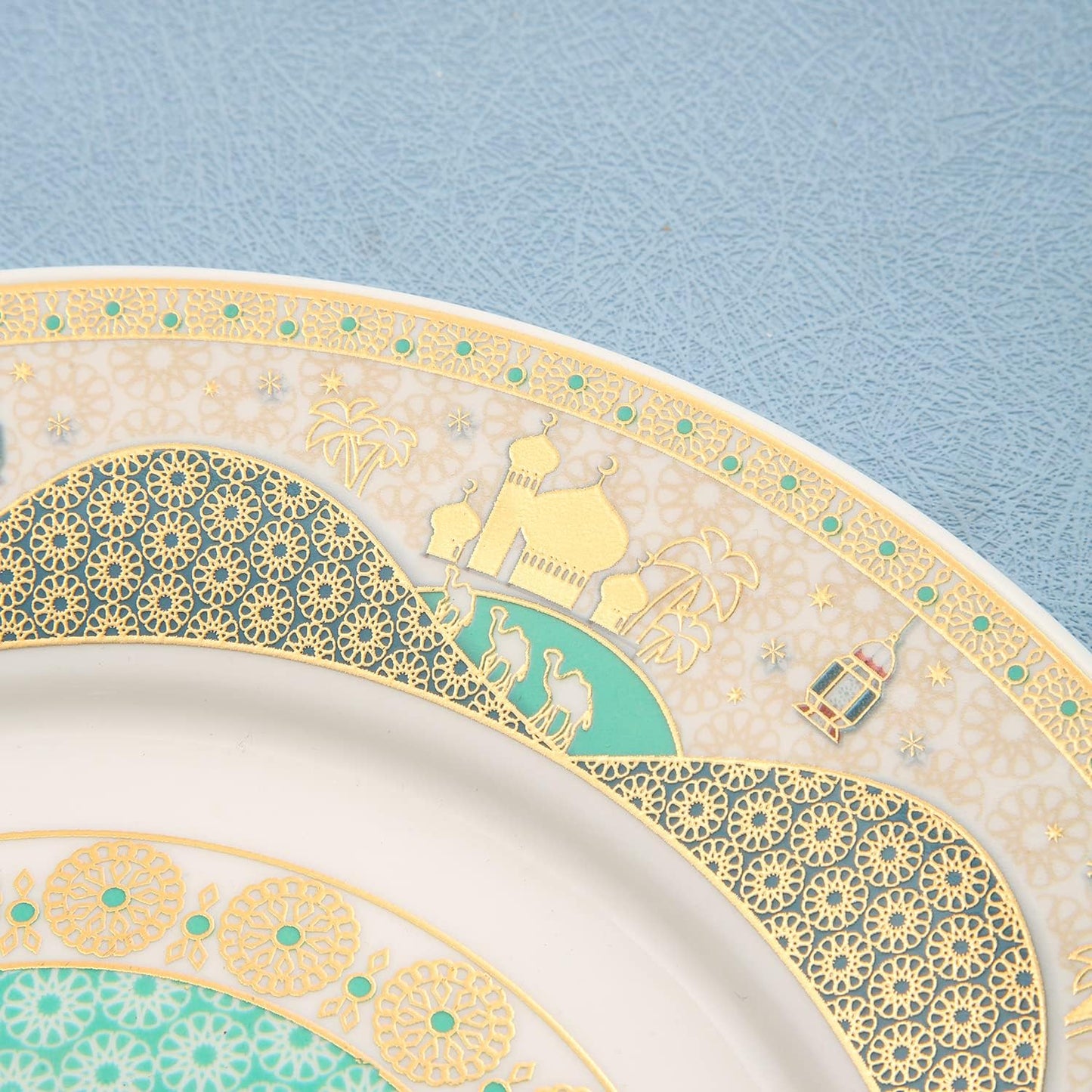 Porcelain Plates with Ramadan Design, Ceramic Round Serving Plate for Sweets and Cakes (Set of 6)(S)-green and White color (L-15*W-15CM)