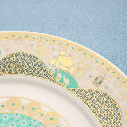 Porcelain Plates with Ramadan Design, Ceramic Round Serving Plate for Sweets and Cakes (Set of 6)(S)-green and White color (L-15*W-15CM)