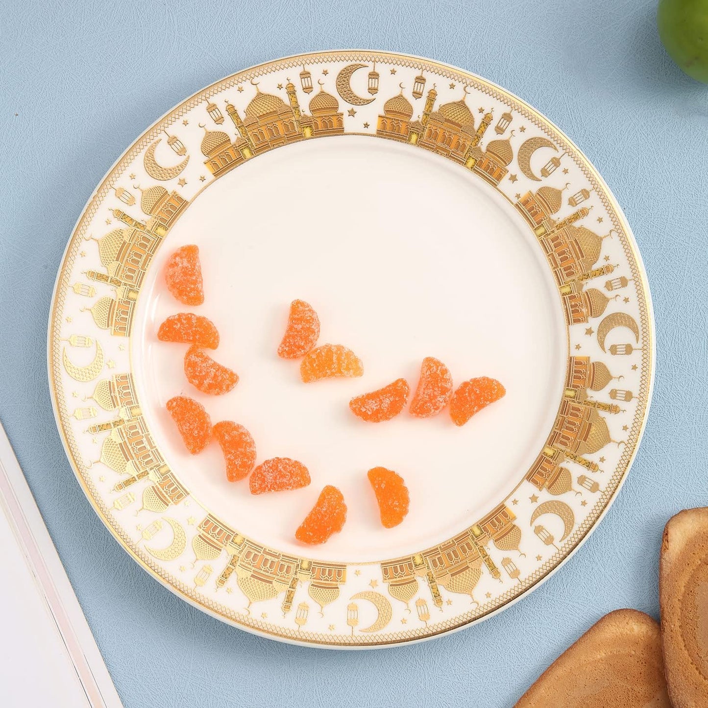 Porcelain Plates with Ramadan Design, Ceramic Round Serving Plate for Salad, Cakes,Sweets,(Set of 6)(S)-gold and White color (L-15*W-15CM)