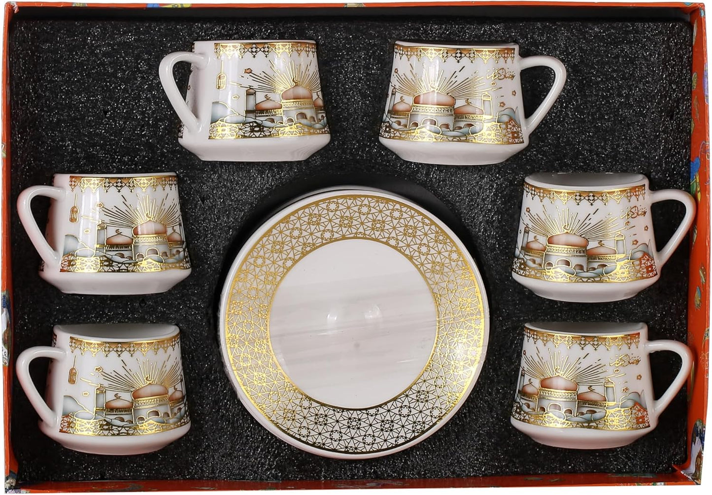 Liying 12pcs Ramadan Design Porcelain Turkish Coffee cups(6) and Saucer(6) Set with saucer Dishwasher safe and good for Gatherings, Wedding, Parties