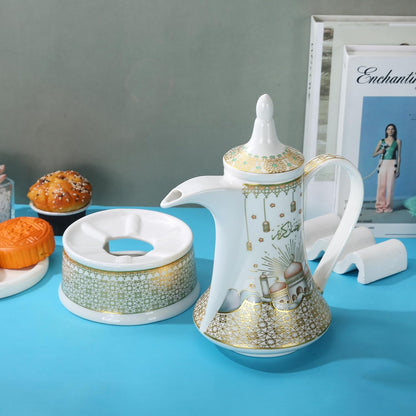 Liying Ramdan Gold coarted Design Ceramic Arabic Coffee Pot and Heat Resistant with Candle Warmer, Ramadan Decorations for Table for Coffee