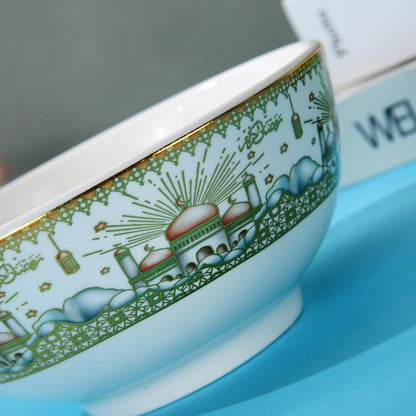 Liying Ramadan Design Set of 6 Ceramic Soup Bowls, Cereals, Rice, Pasta, Salad Oatmeal, Thick-edge Non-slip Design with ramadan designs, gold and white color H-7cm, W-11cm, L-11cm (Small) | Yellow