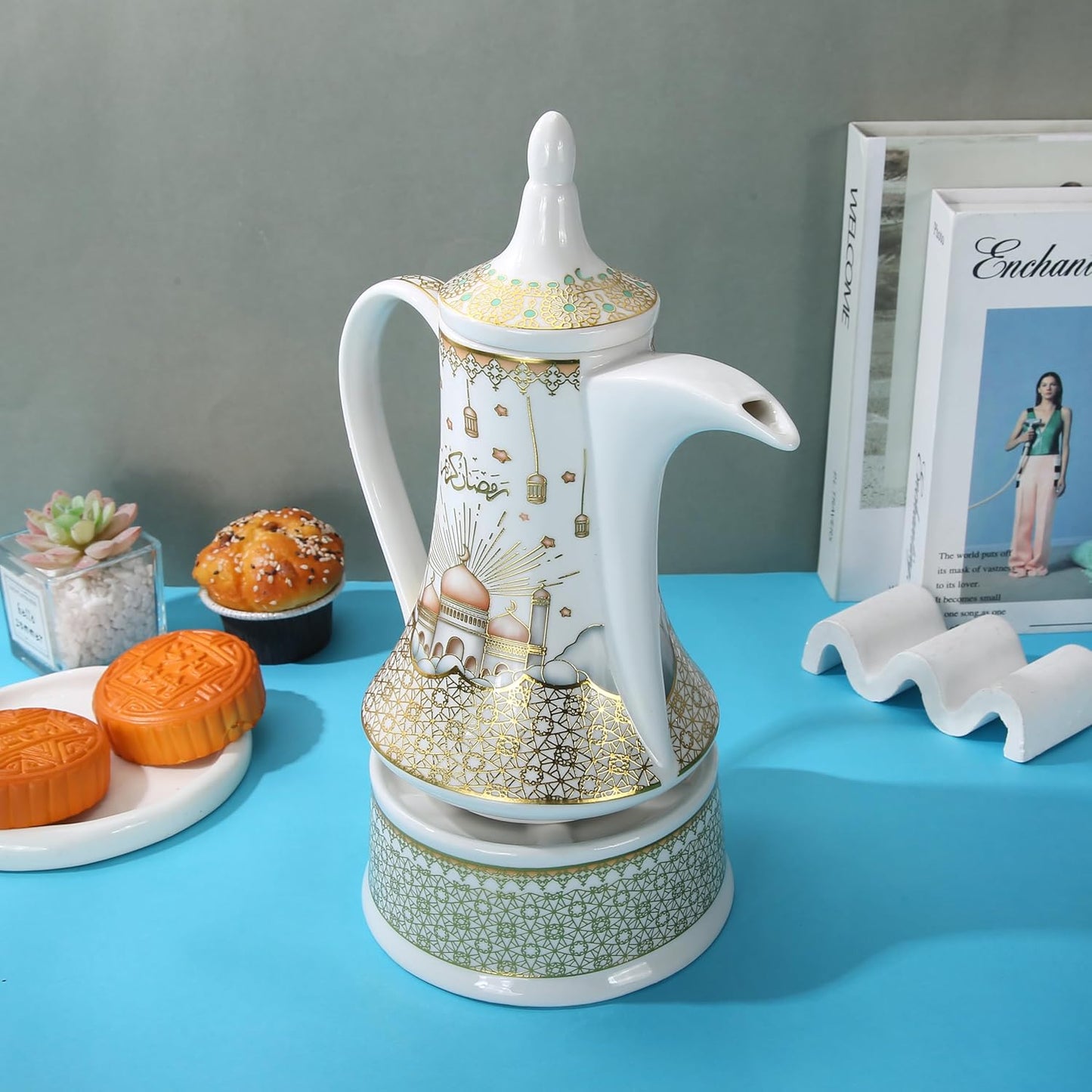 Liying Ramdan Gold coarted Design Ceramic Arabic Coffee Pot and Heat Resistant with Candle Warmer, Ramadan Decorations for Table for Coffee