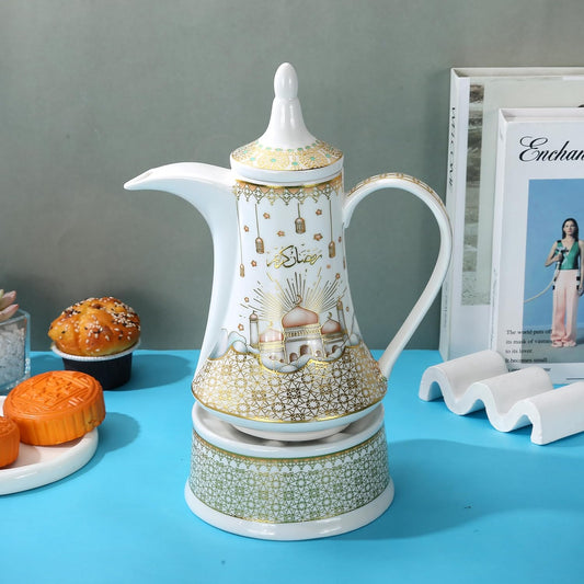 Liying Ramdan Gold coarted Design Ceramic Arabic Coffee Pot and Heat Resistant with Candle Warmer, Ramadan Decorations for Table for Coffee