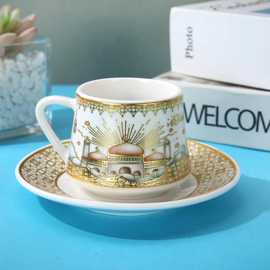 Liying 12pcs Ramadan Design Porcelain Turkish Coffee cups(6) and Saucer(6) Set with saucer Dishwasher safe and good for Gatherings, Wedding, Parties