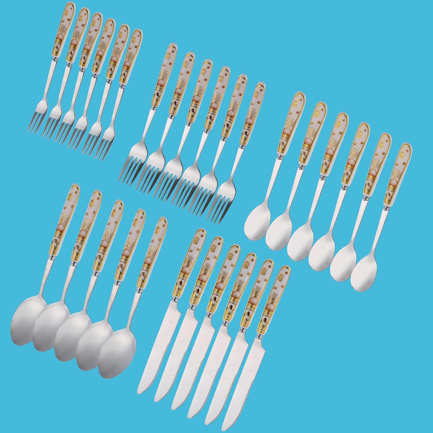 Liying Ramadan Design 30-Piece Silverware Set Ceramic Handle, Flatware Utensil Cutlery Set for 6 each size, Stainless Steel Tableware Includes Knife, Spoons Big and small and Forks Small and big Set