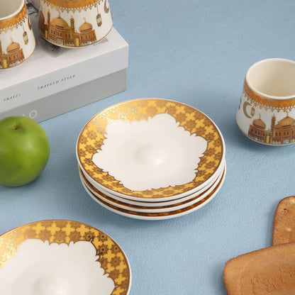 Liying Ramadan Design Turkish Coffee Cup Set - Set of 6 with Saucers and Cup Holder for Home Office, Ceramic Keeps Coffee Warm, set-gold and white color